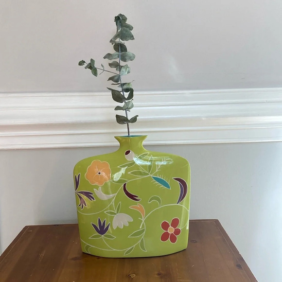 Toyo Next by Jill Rosenwald Art Deco Vase 70s Green‎ Floral Print MCM Abstract - Picture 1 of 17